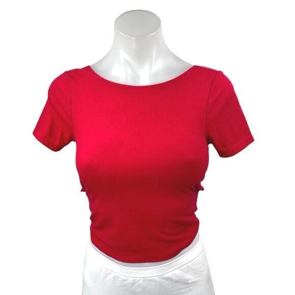Hollister Red Ribbed Knit Short Sleeve Open Twist Back T Shirt Crop Top Size XS - Picture 1 of 4